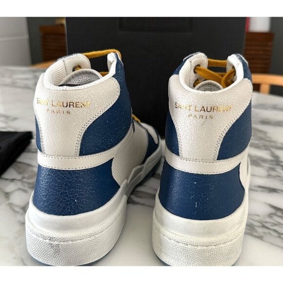 YSL SAINT LAURENT 610618 SL24 LEATHER SNEAKERS MID TOP WHITE BLUE SZ 41 - Picture 4 of 10